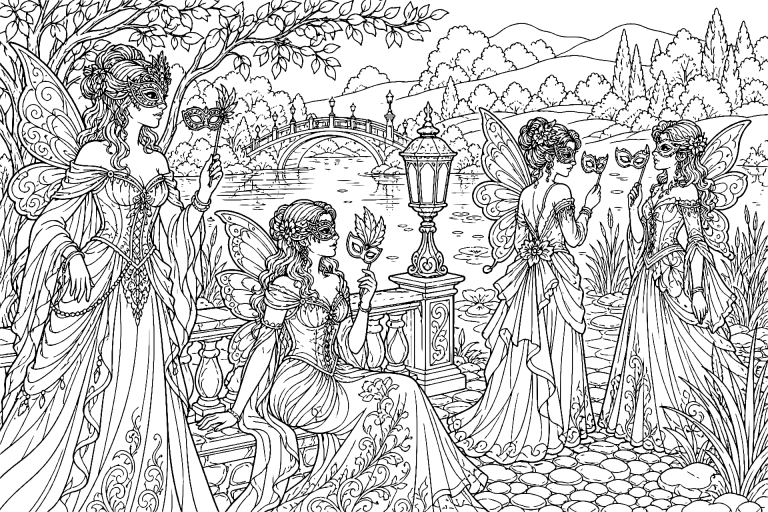 Maskenball der Feen am See - Ausmalbild