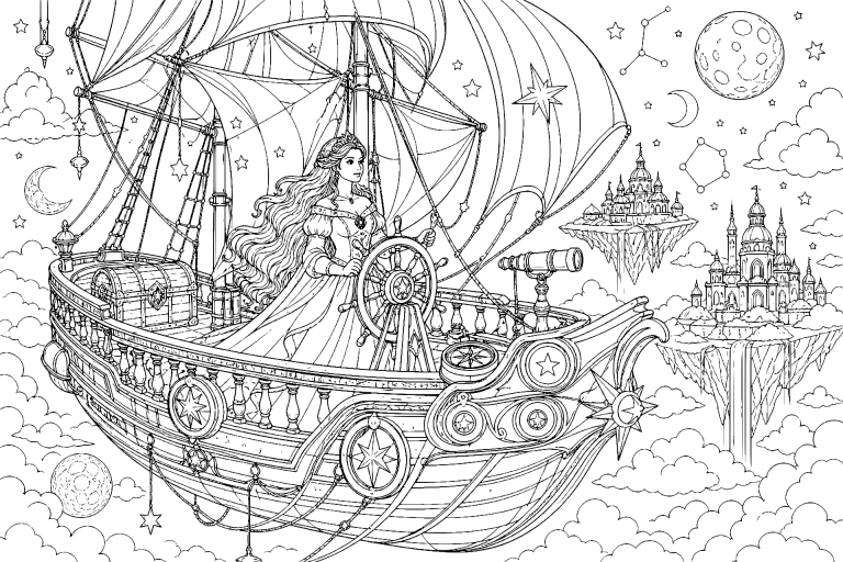 Prinzessin auf dem Sternenschiff - Ausmalbild