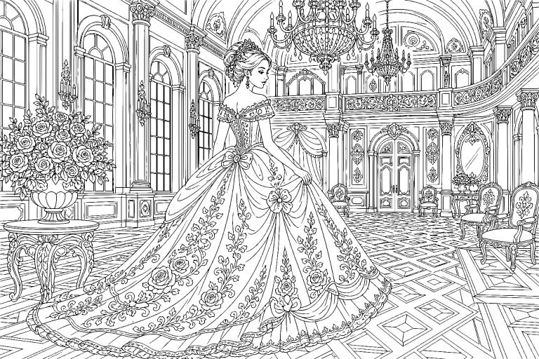 Prinzessin im Ballsaal der Rosen - Ausmalbild