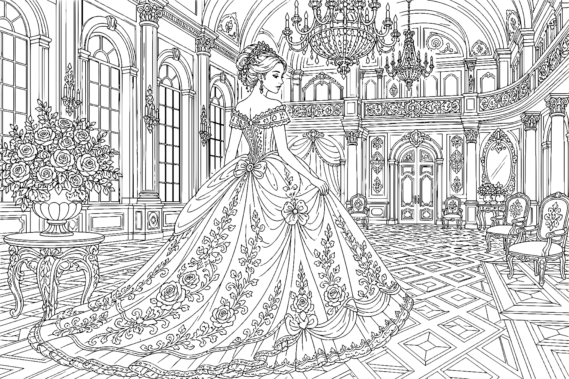 Prinzessin im Ballsaal der Rosen – Ausmalbild