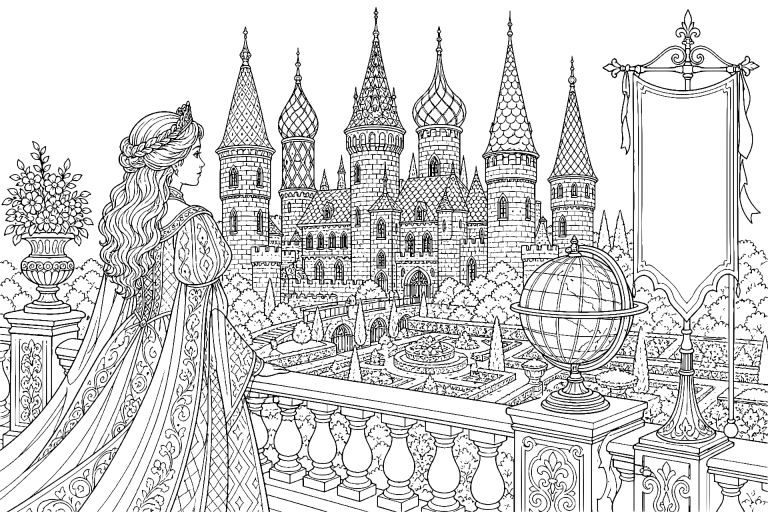 Prinzessin im Schloss der sieben Türme - Ausmalbild