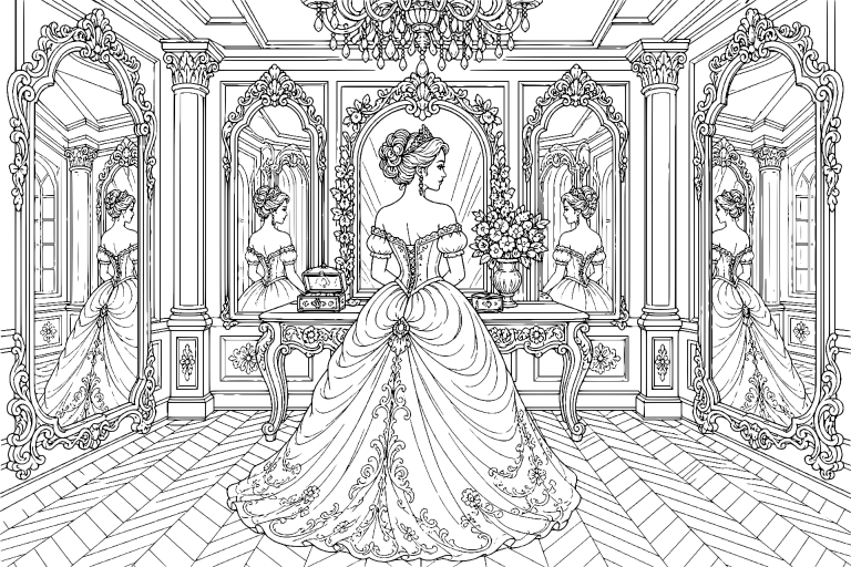Prinzessin im Spiegelkabinett - Ausmalbild