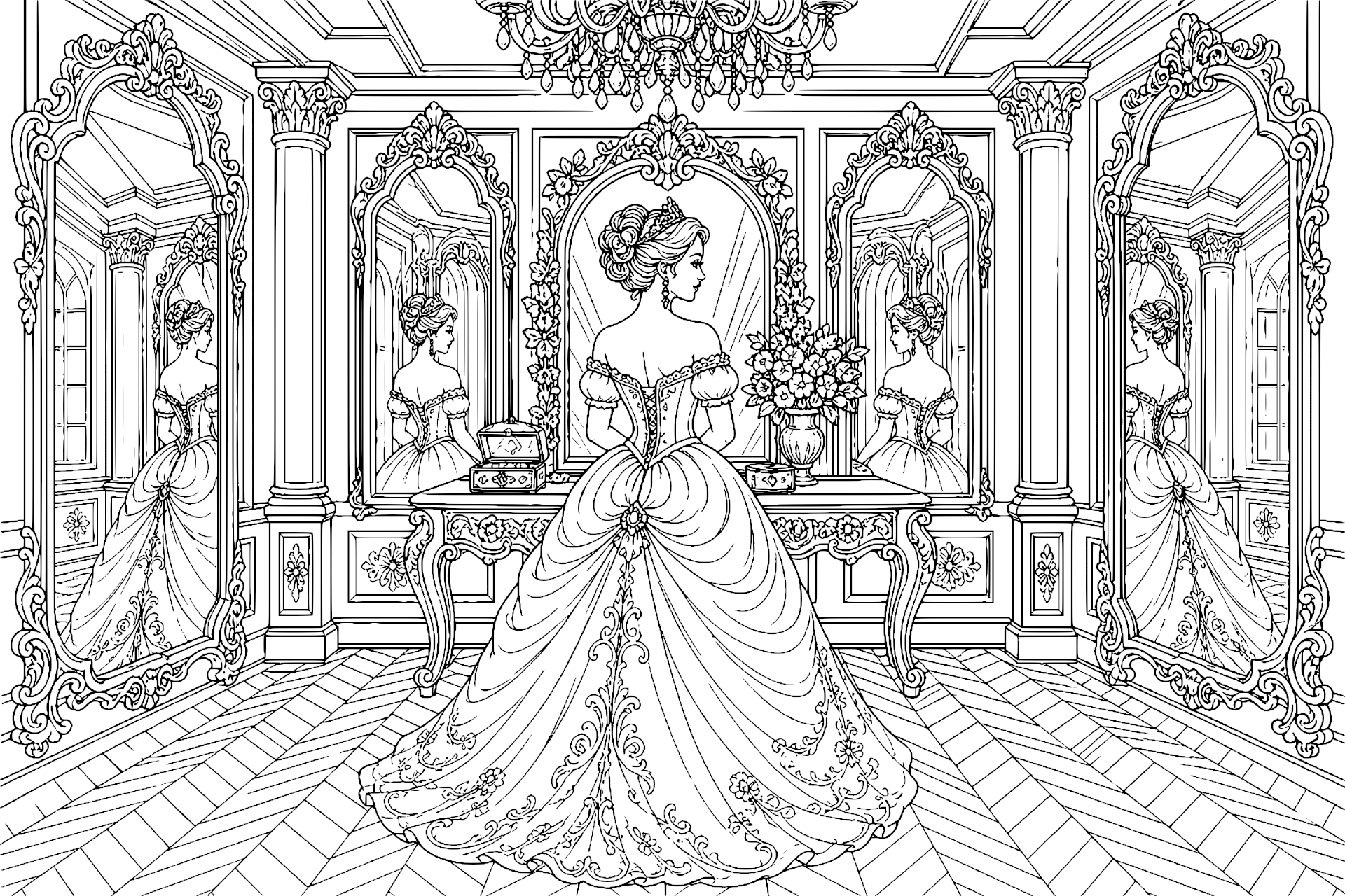 Prinzessin im Spiegelkabinett – Ausmalbild