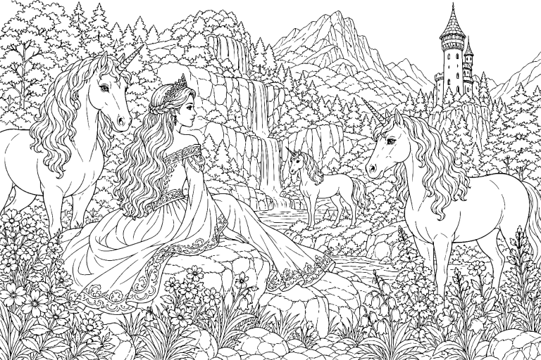 Prinzessin im Tal der Einhörner - Ausmalbild