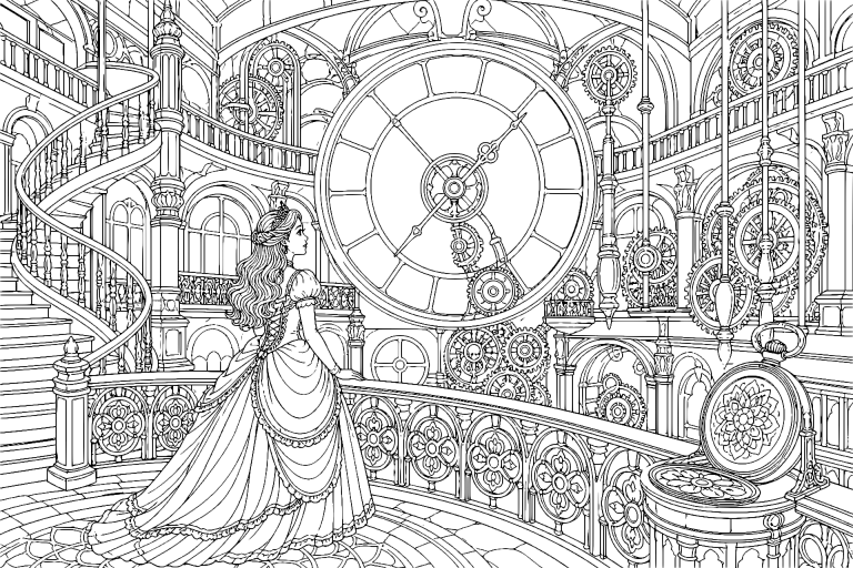 Prinzessin im Uhrenschloss - Ausmalbild