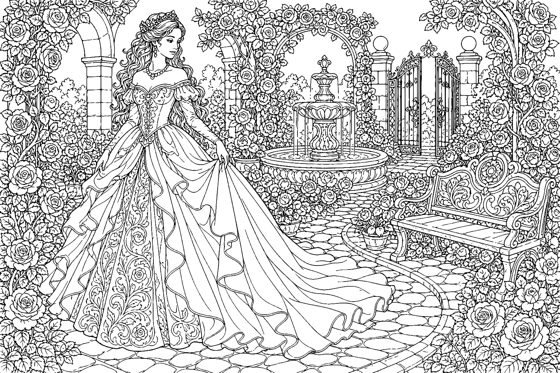 Prinzessin im verwunschenen Rosengarten – Ausmalbild
