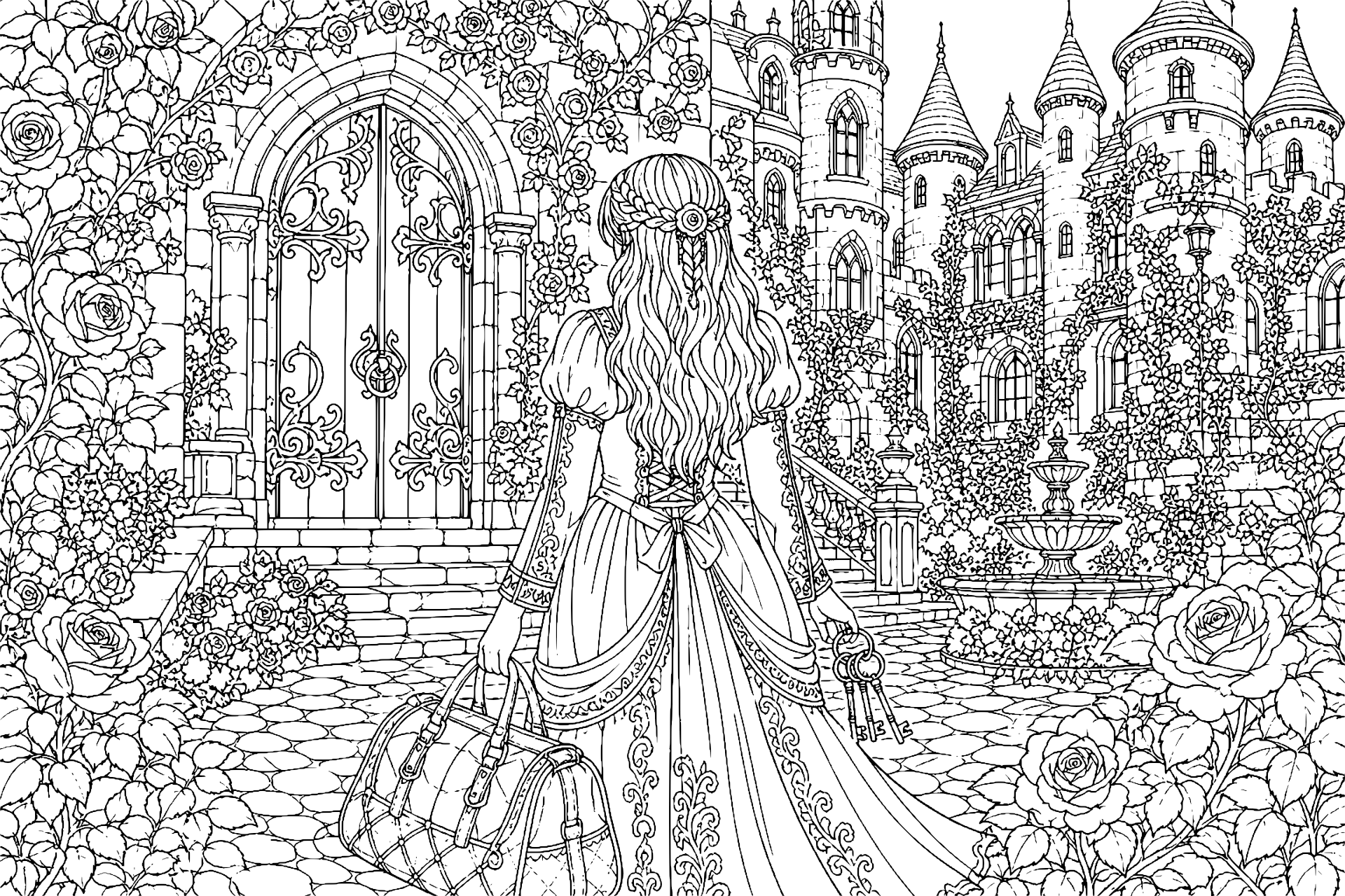 Prinzessin und das Schloss der Rosenranken – Ausmalbild