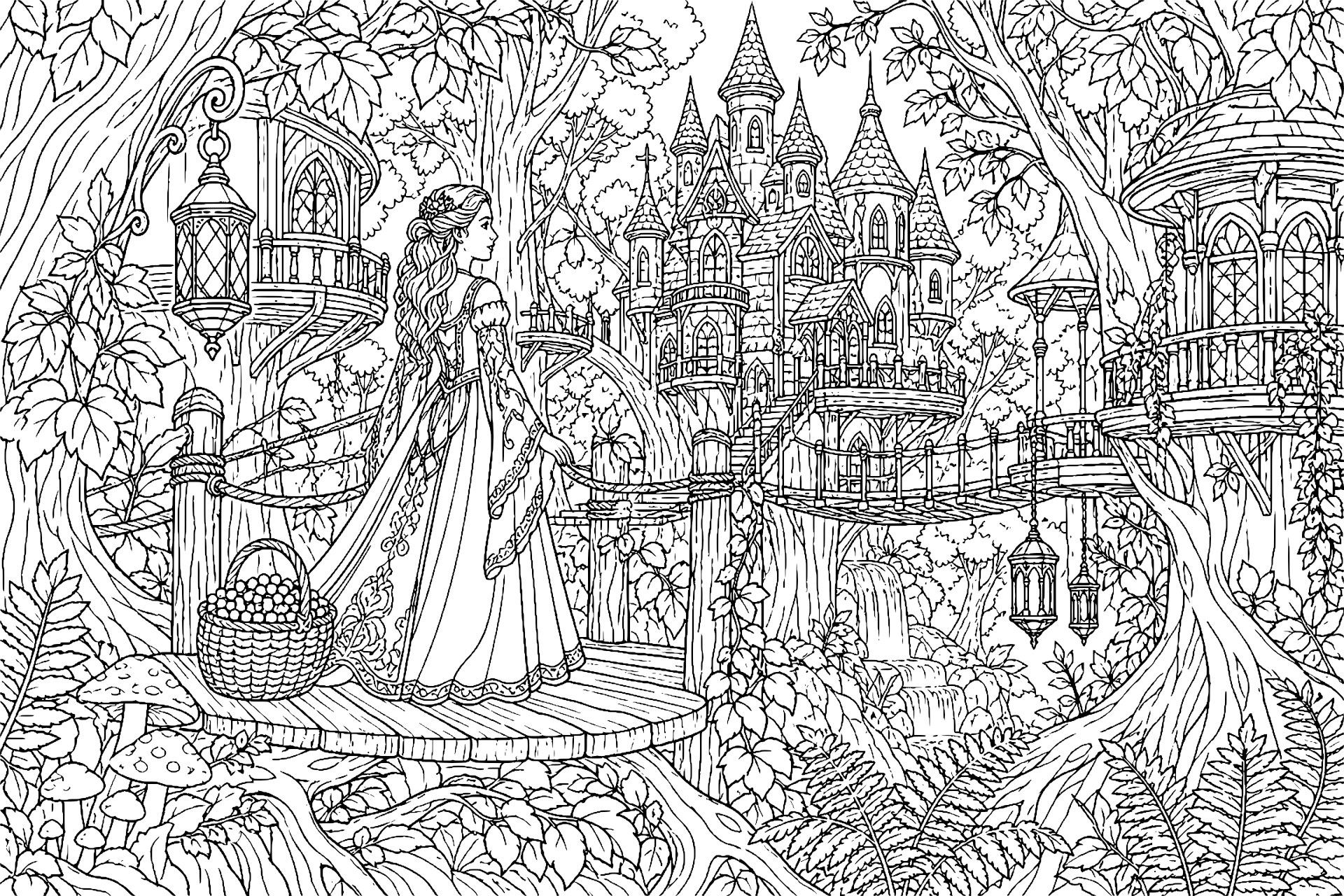 Prinzessin und das Schloss im Blätterdach – Ausmalbild