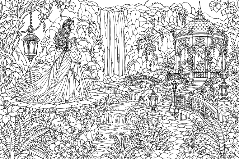 Prinzessin und der Feengarten am Wasserfall - Ausmalbild