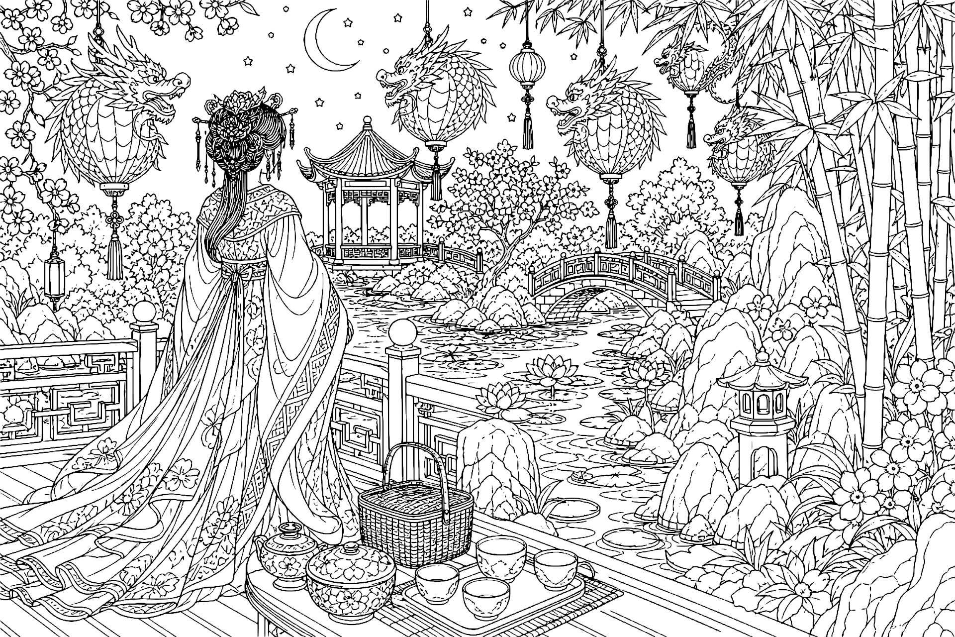 Prinzessin und der Garten der Drachenlaternen – Ausmalbild