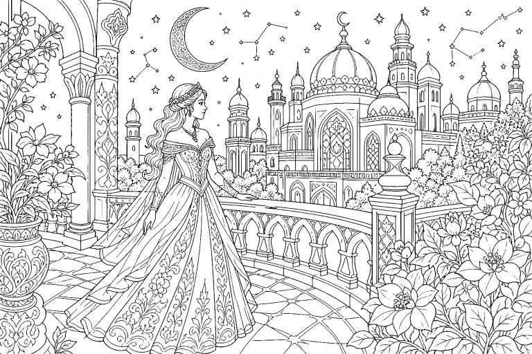 Prinzessin und der Mondpalast - Ausmalbild