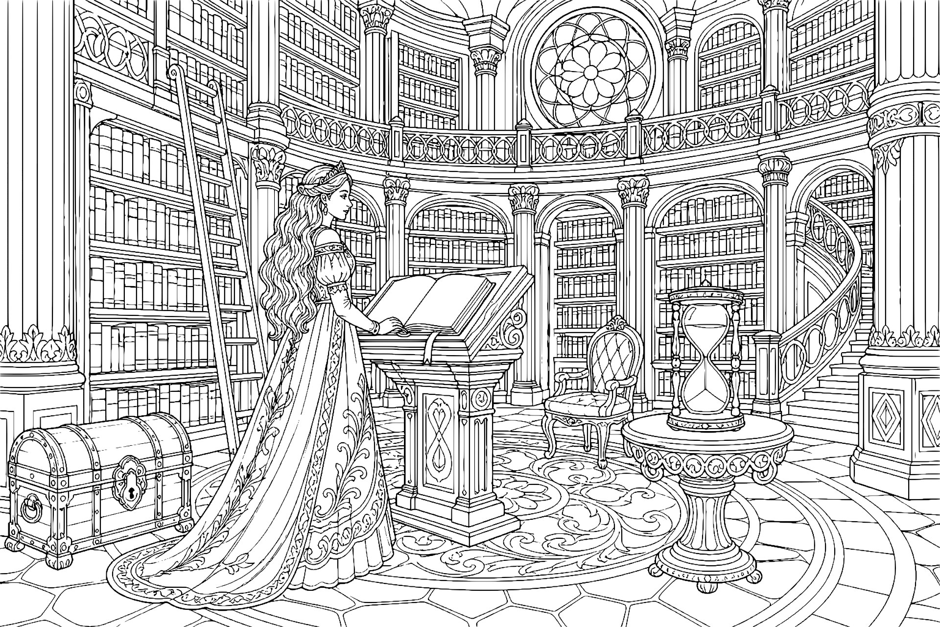 Prinzessin und die Bibliothek der Märchen – Ausmalbild