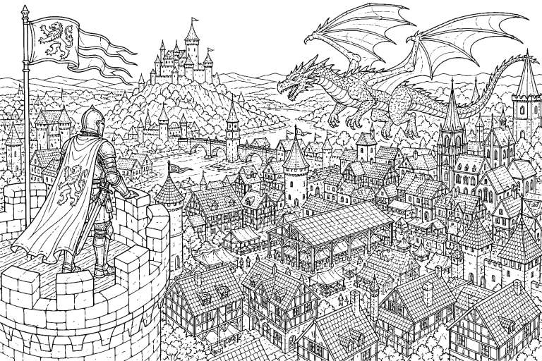 Der Drache über der Ritterstadt - Ausmalbild