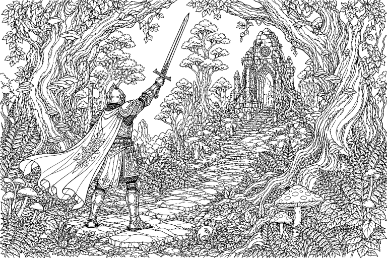 Der Ritter und der verzauberte Wald - Ausmalbild