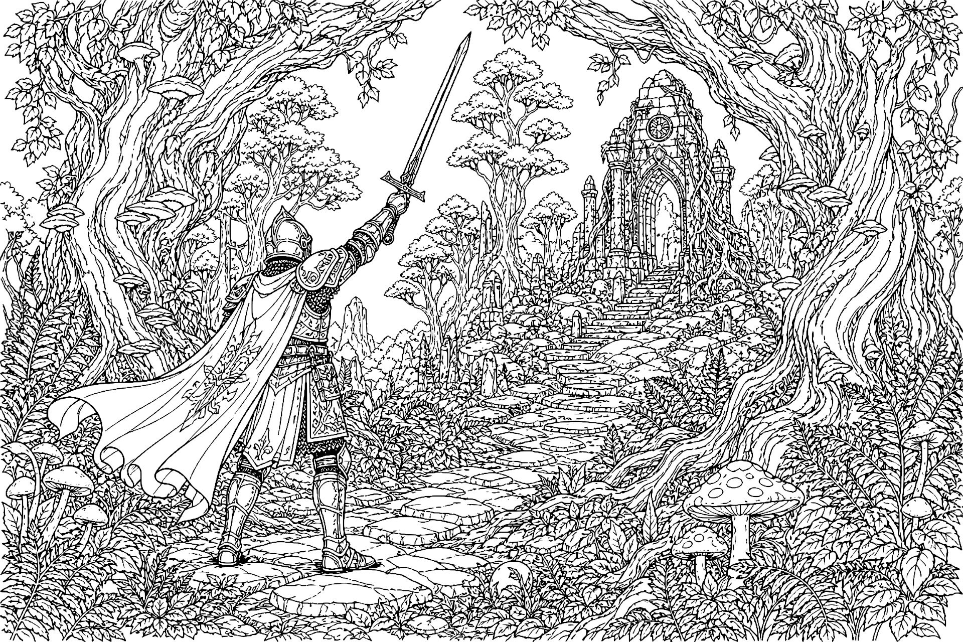 Der Ritter und der verzauberte Wald – Ausmalbild