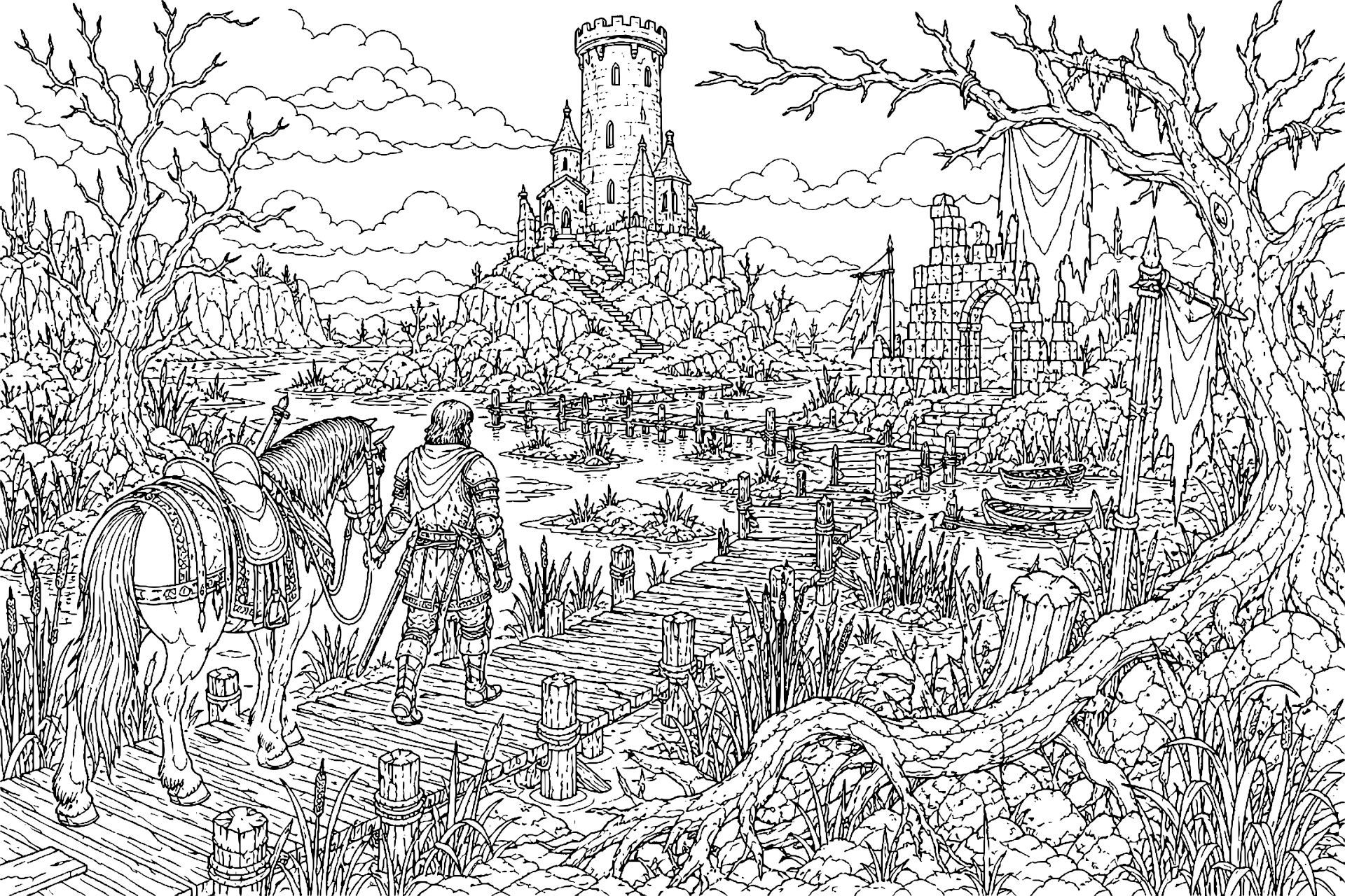 Der schwarze Turm im Moor – Ausmalbild