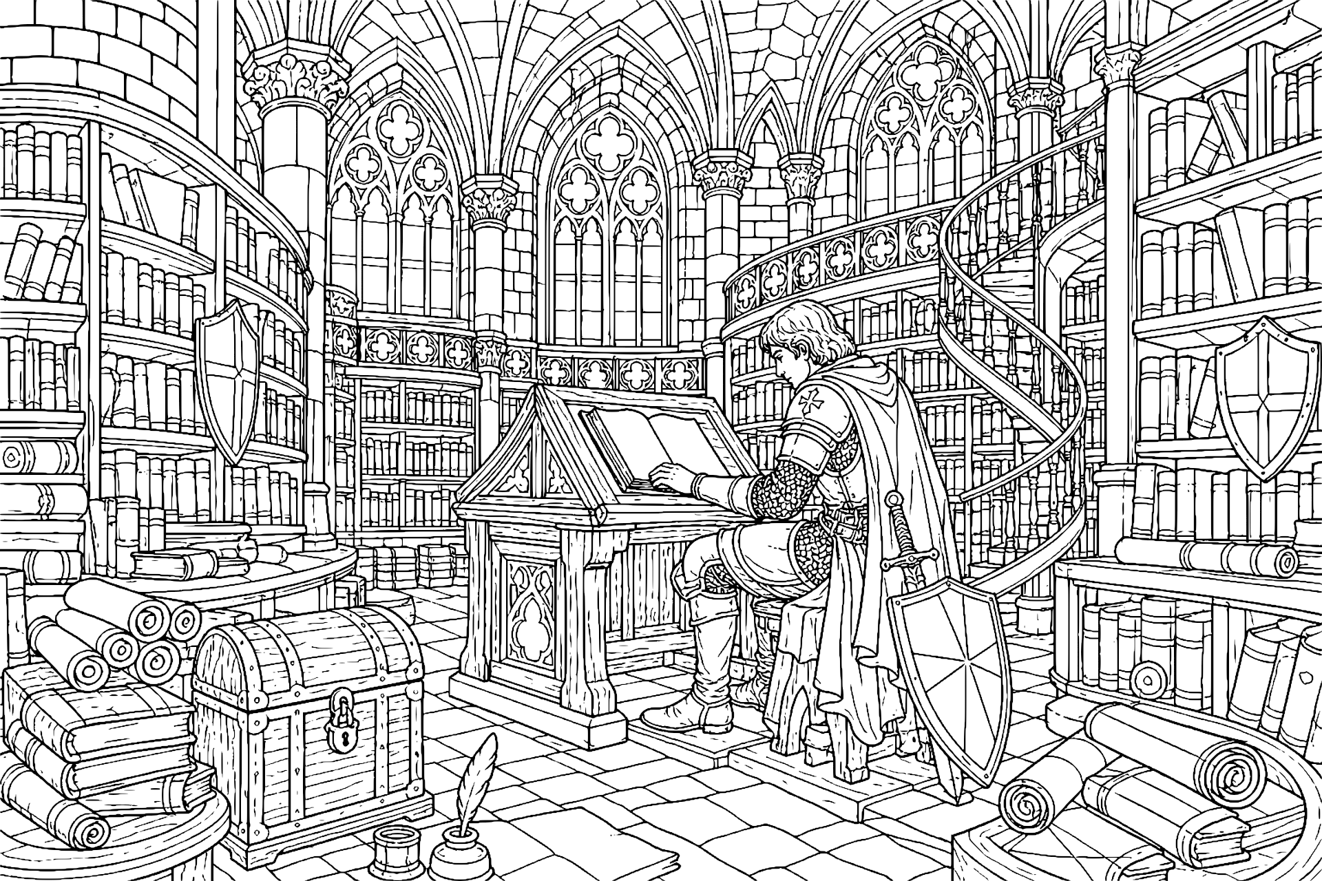 Die Bibliothek des alten Ordens – Ausmalbild