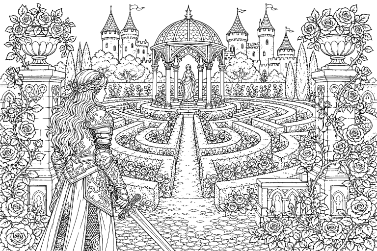 Die Ritterin und das Rosenlabyrinth - Ausmalbild