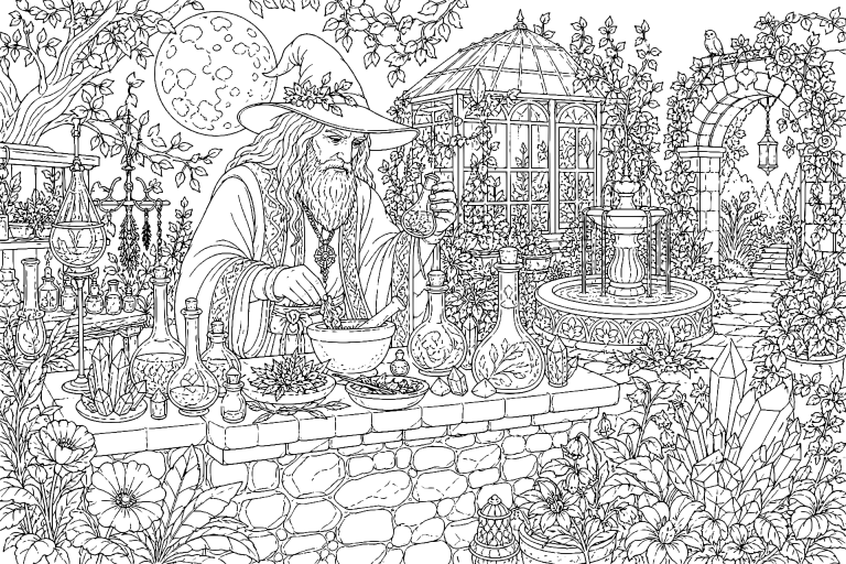 Der Alchemist im Mondgarten - Ausmalbild