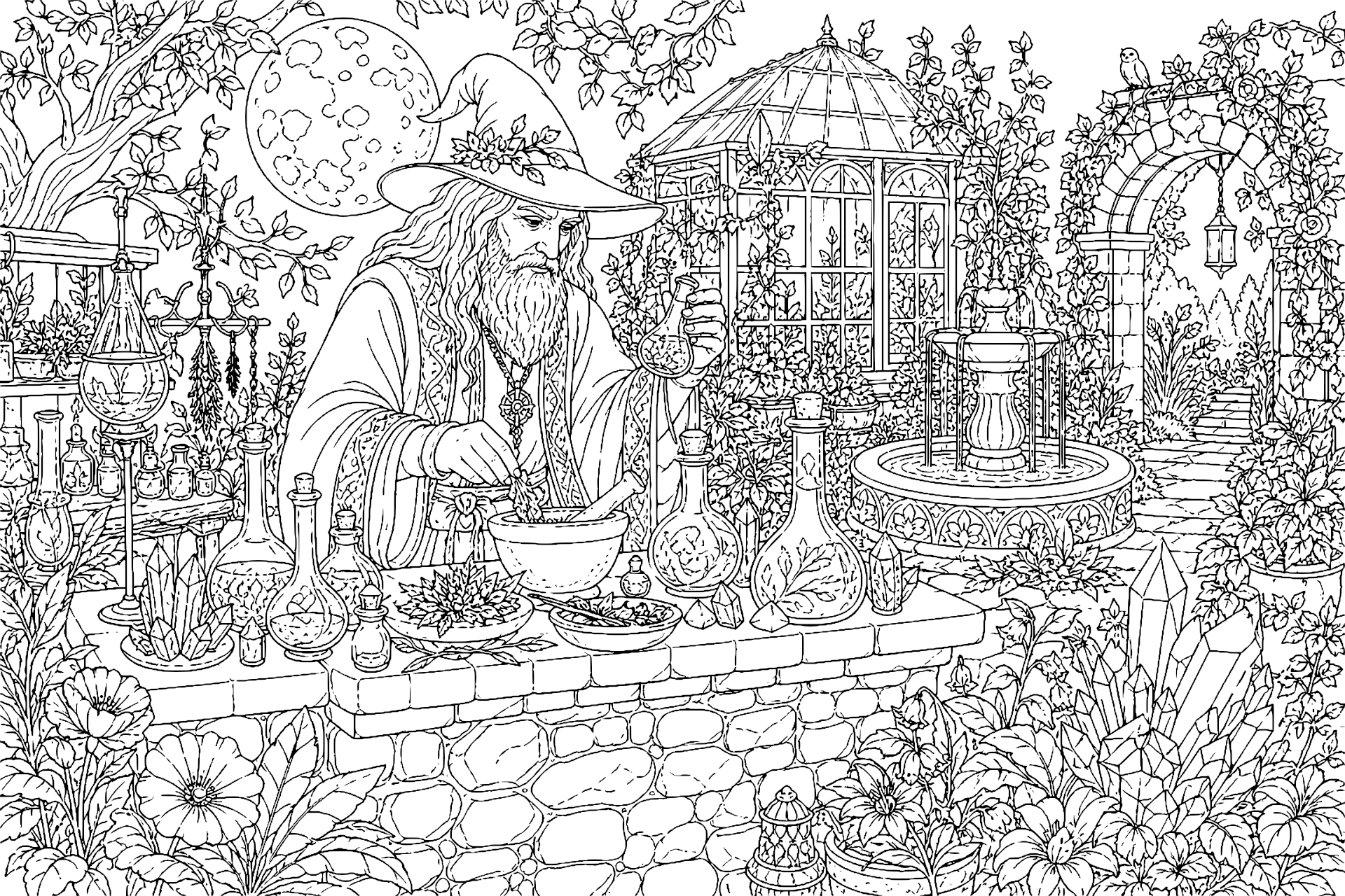 Der Alchemist im Mondgarten – Ausmalbild