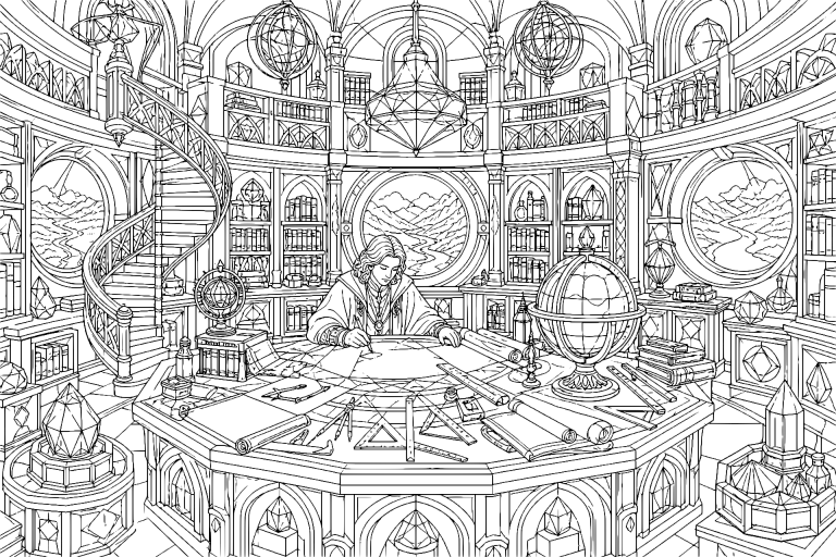 Der Bibliomant im Turm der Karten - Ausmalbild