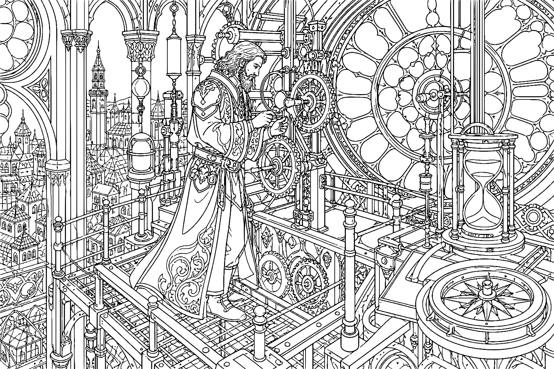 Der Chronomant im Uhrenturm – Ausmalbild
