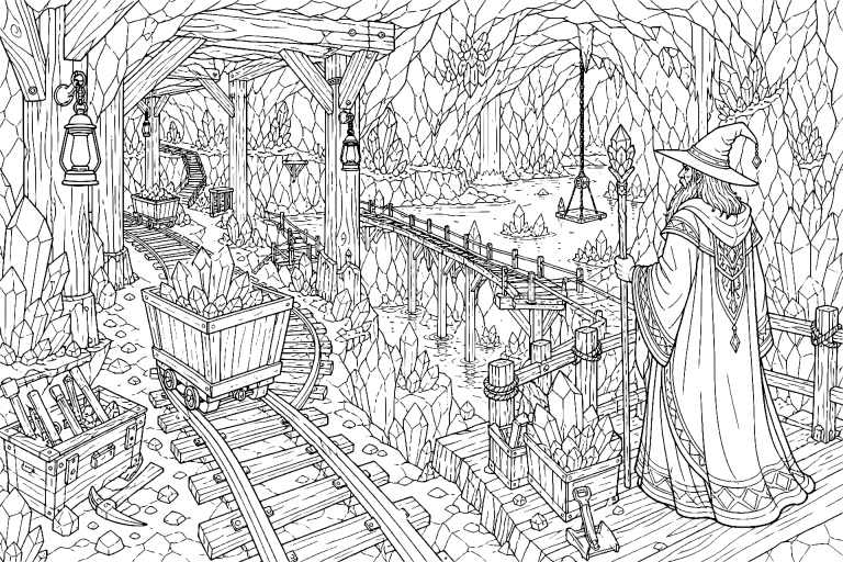 Der Magier im Kristallbergwerk - Ausmalbild