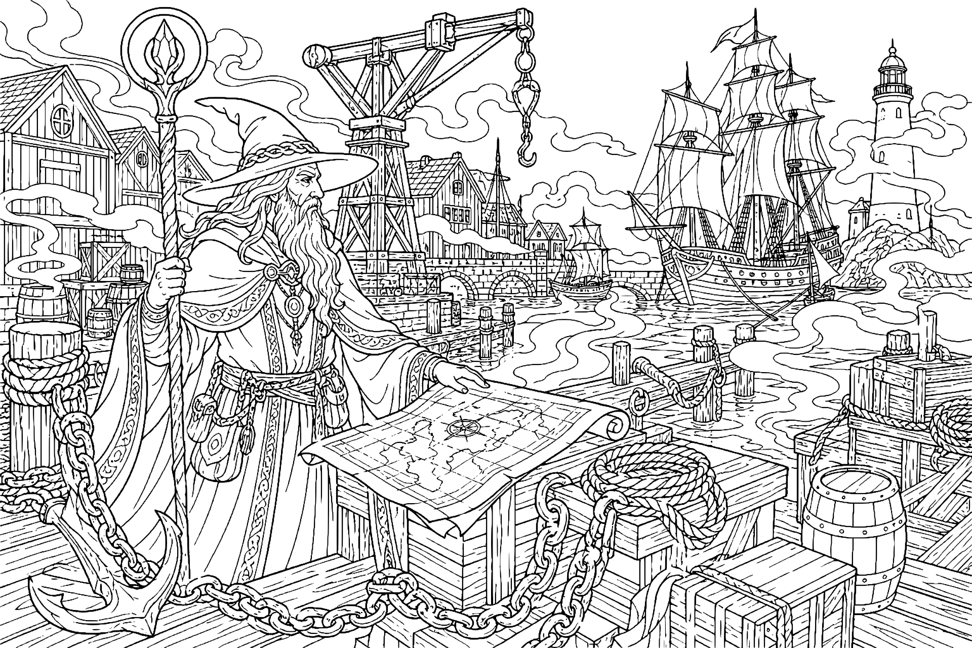 Der Nebelmagier im Hafen der Schatten – Ausmalbild