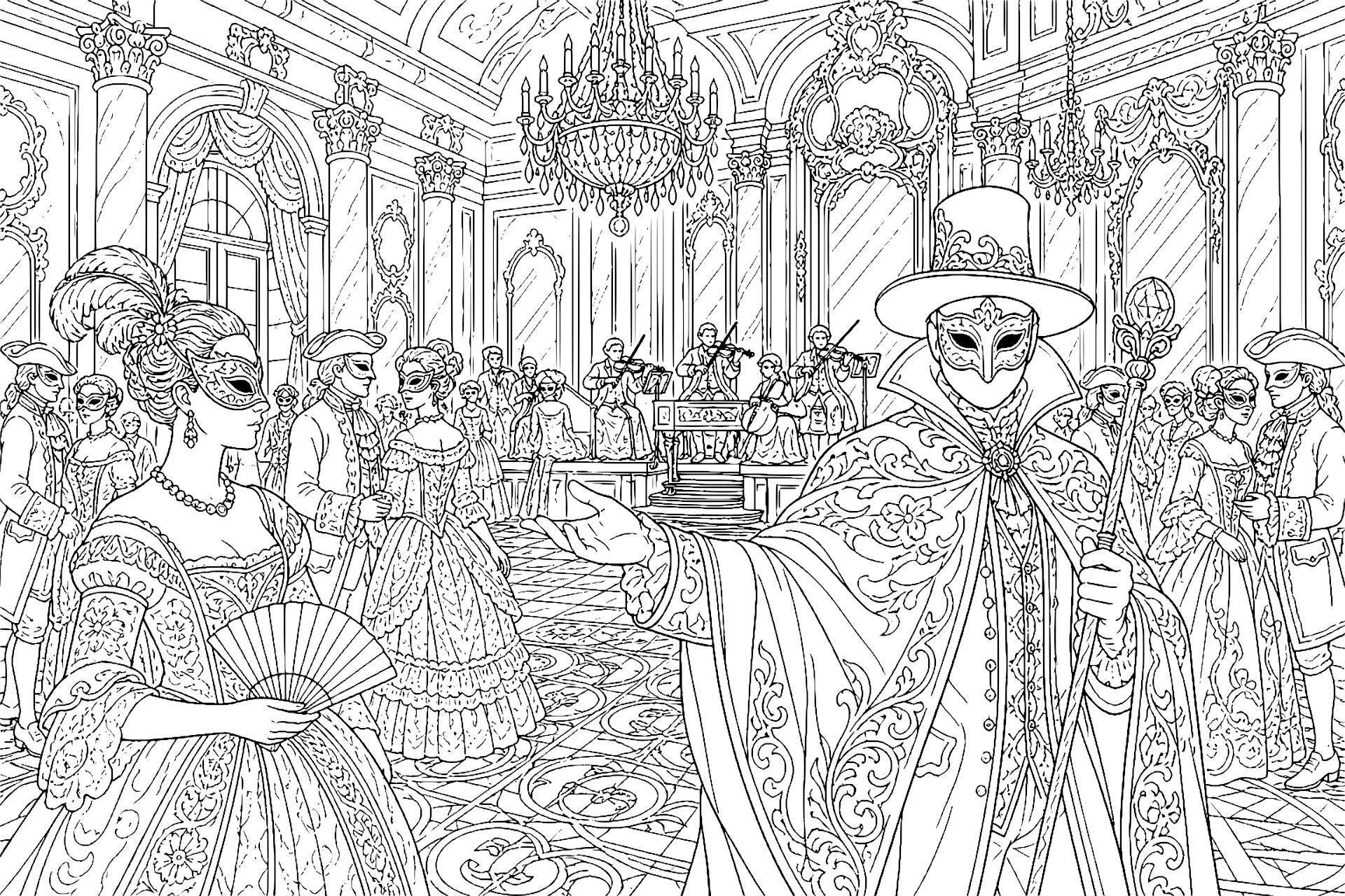 Der Schattenzauberer im Maskenball – Ausmalbild