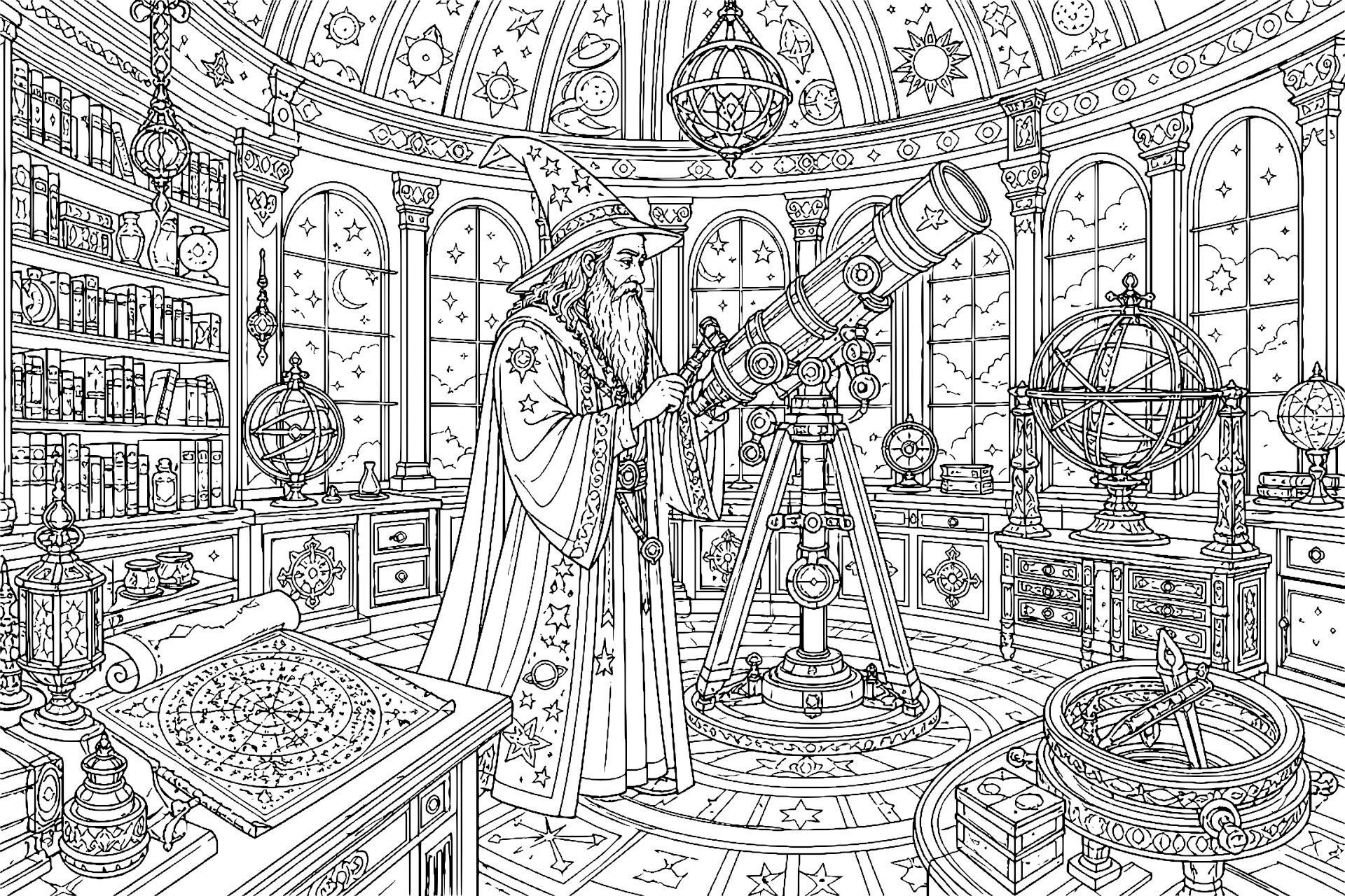 Der Zauberer im Observatorium – Ausmalbild