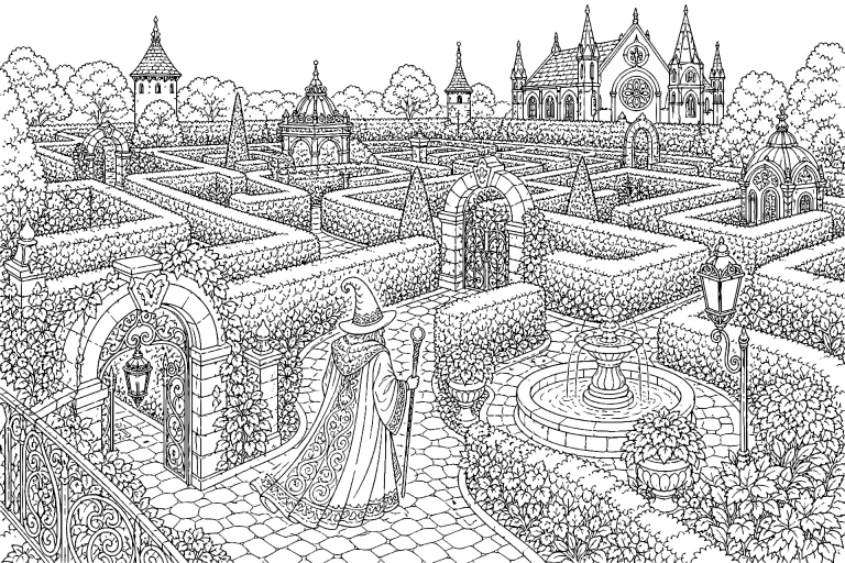 Der Zauberer und das Labyrinth der Hecken - Ausmalbild