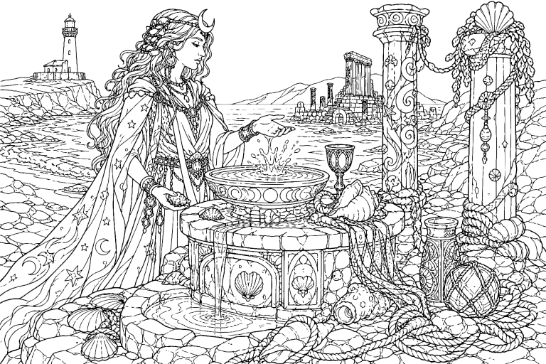 Die Mondmagierin am Gezeitenaltar - Ausmalbild