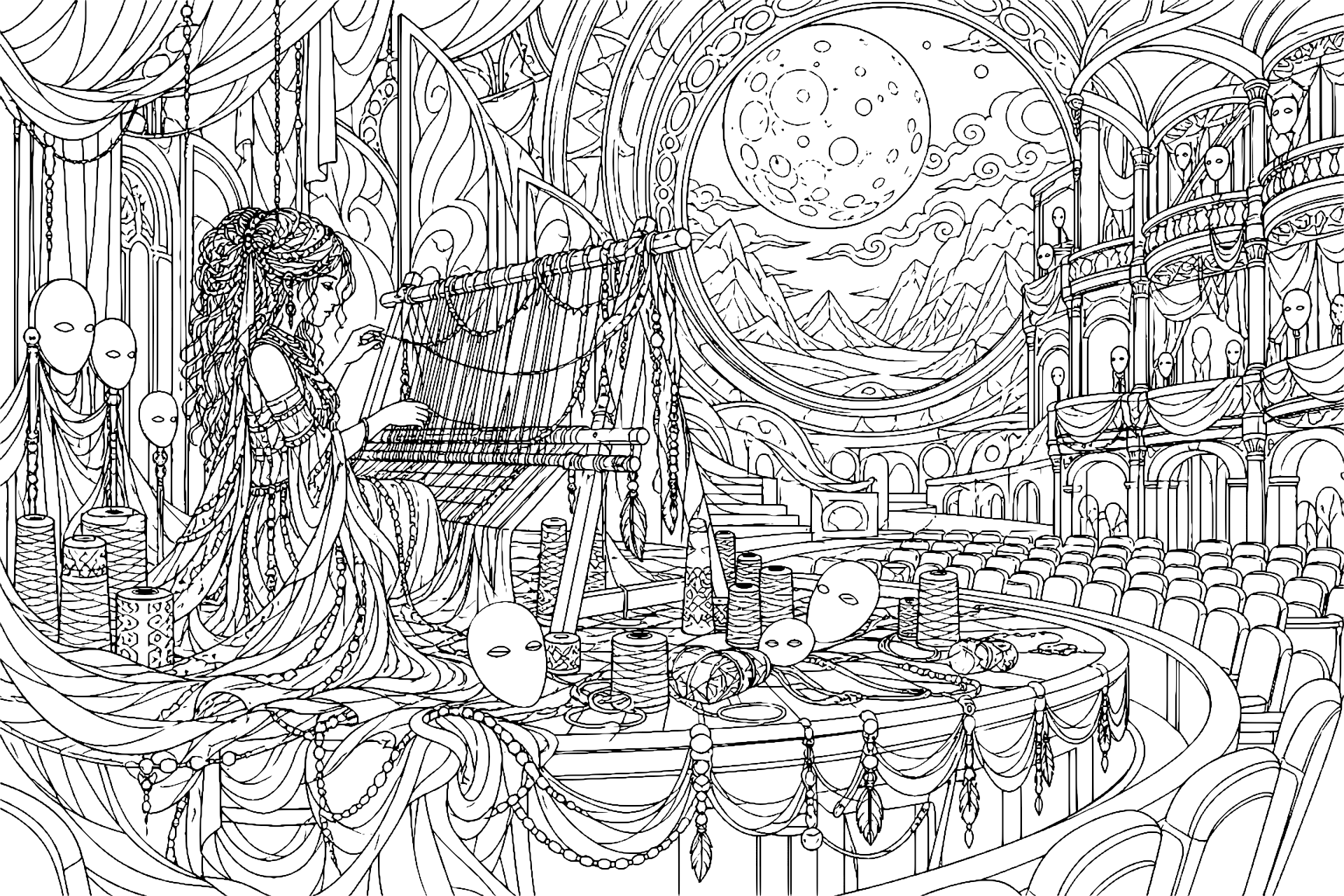 Die Traumweberin im Mondtheater – Ausmalbild