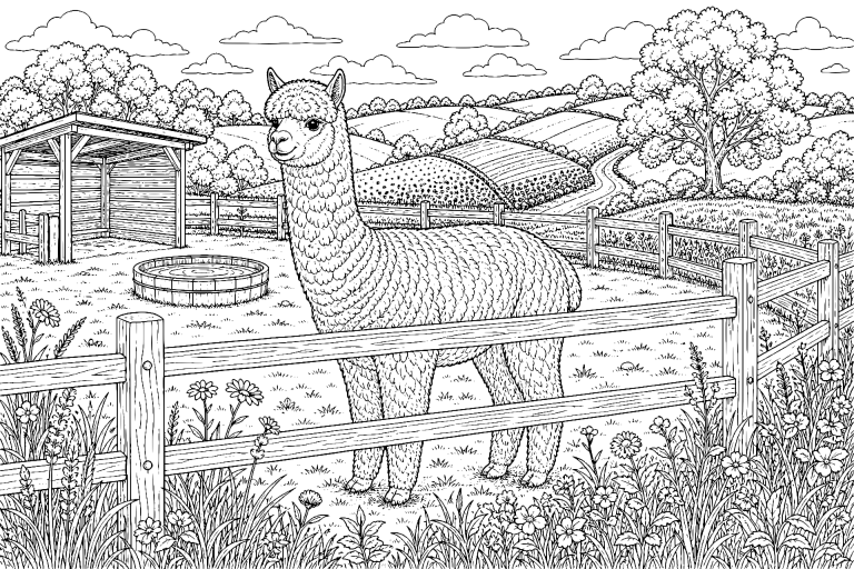 Alpaka am Weidezaun - Ausmalbild