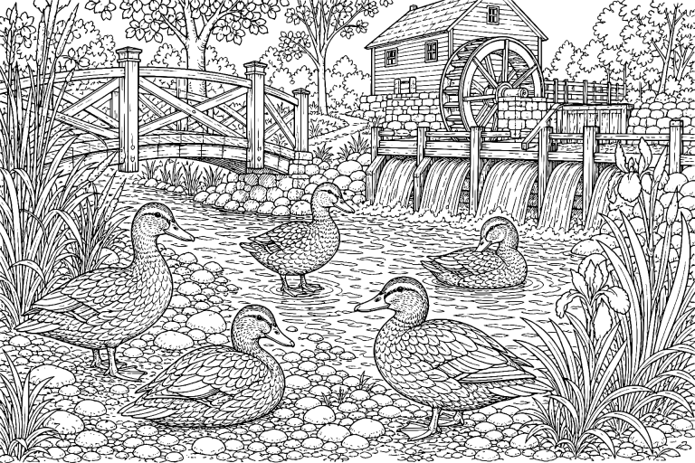Enten am Mühlbach - Ausmalbild
