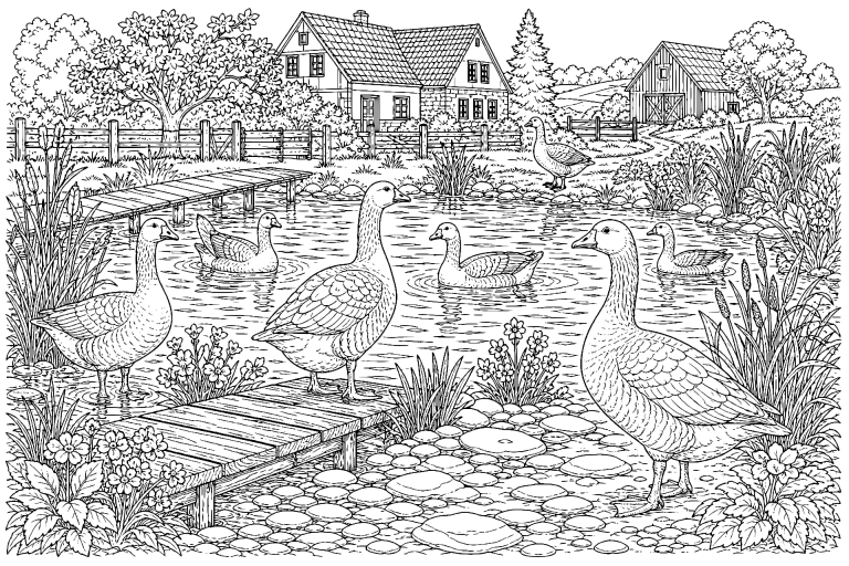 Gänse am Teichufer - Ausmalbild