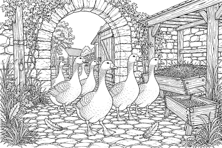 Gänsehof mit Torbogen - Ausmalbild