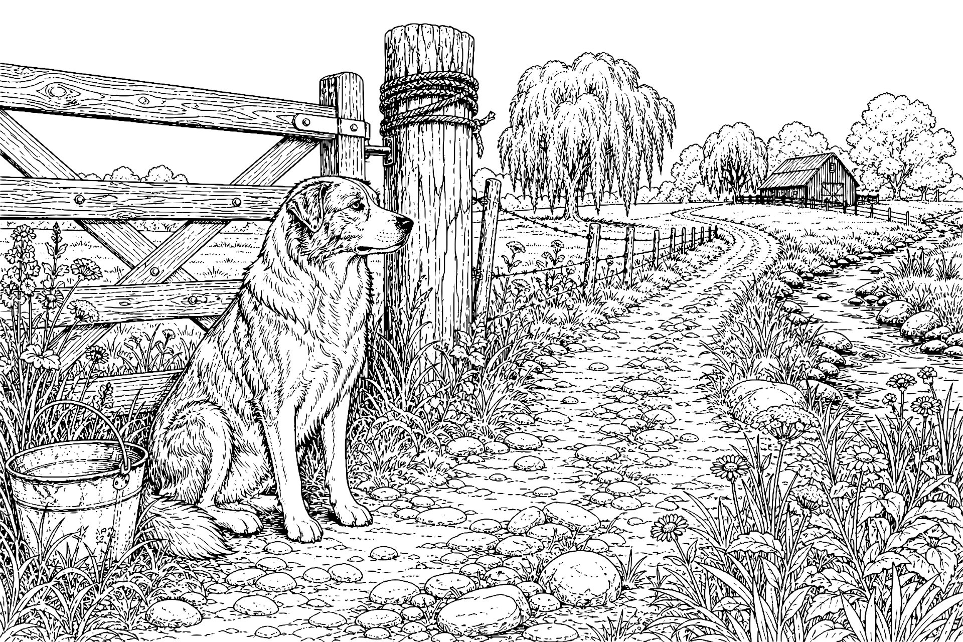 Hofhund am Weidetor – Ausmalbild