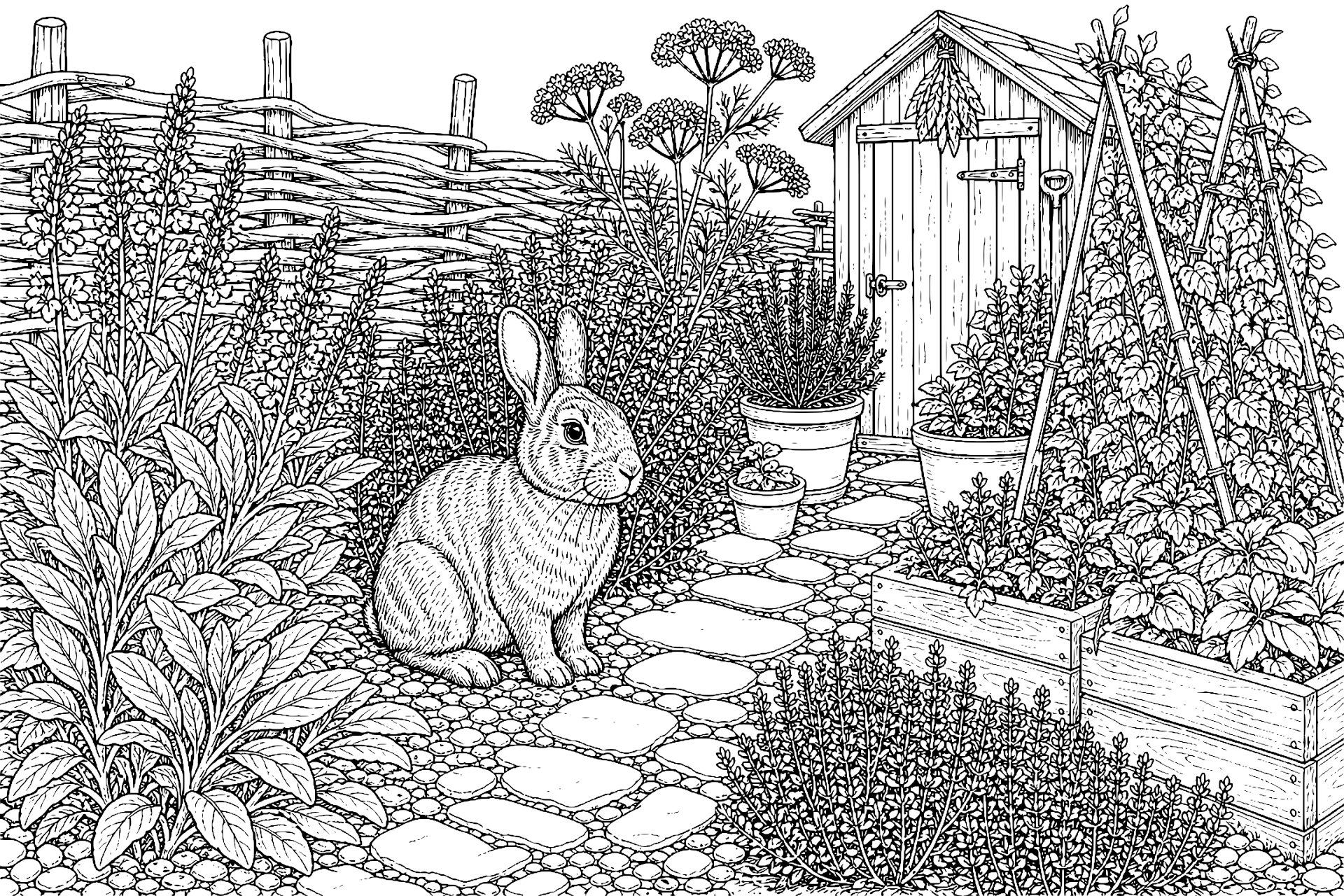 Kaninchen im Kräutergarten – Ausmalbild