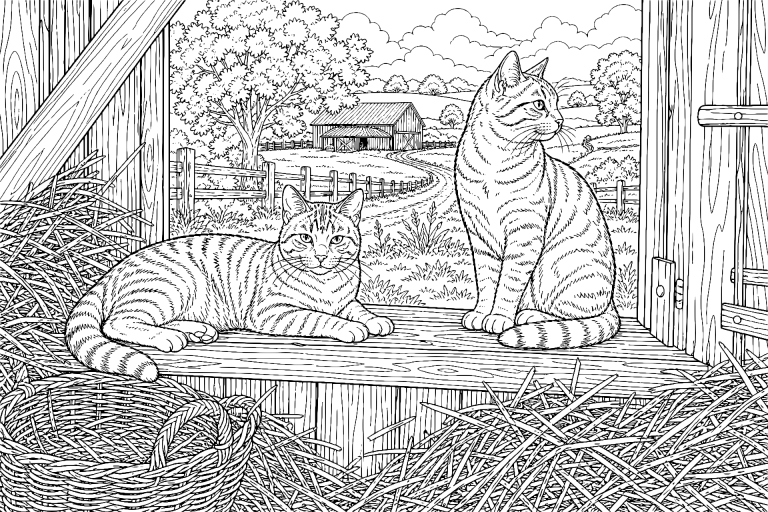 Katzen am Heubodenfenster - Ausmalbild
