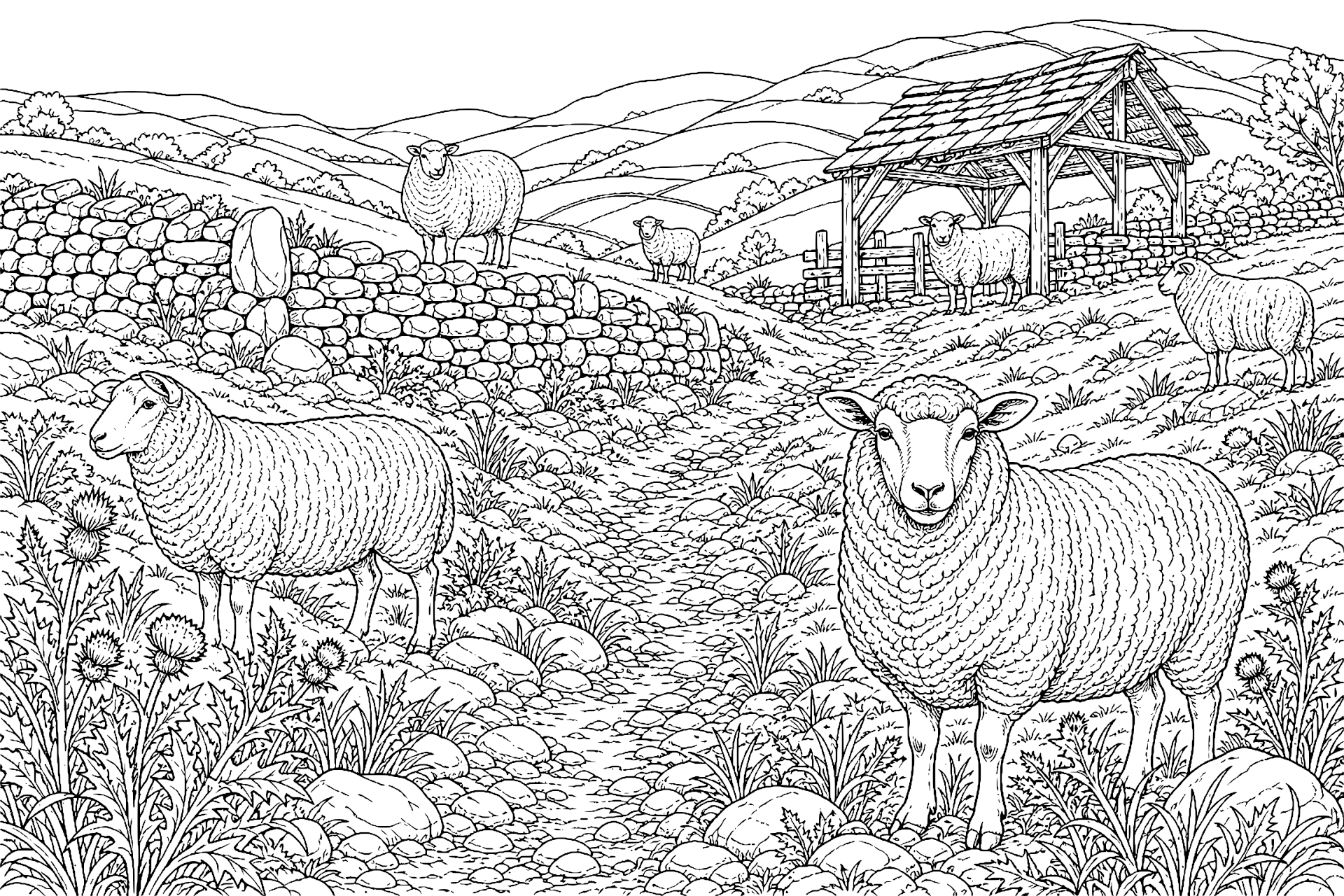 Schafherde am steinigen Weidehang – Ausmalbild