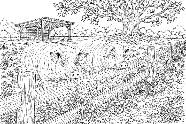 Schweine am Eichenzaun - Ausmalbild