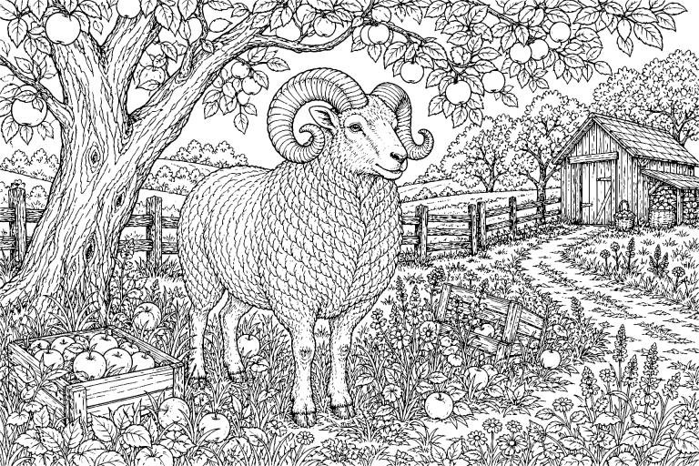Widder im Apfelgarten - Ausmalbild