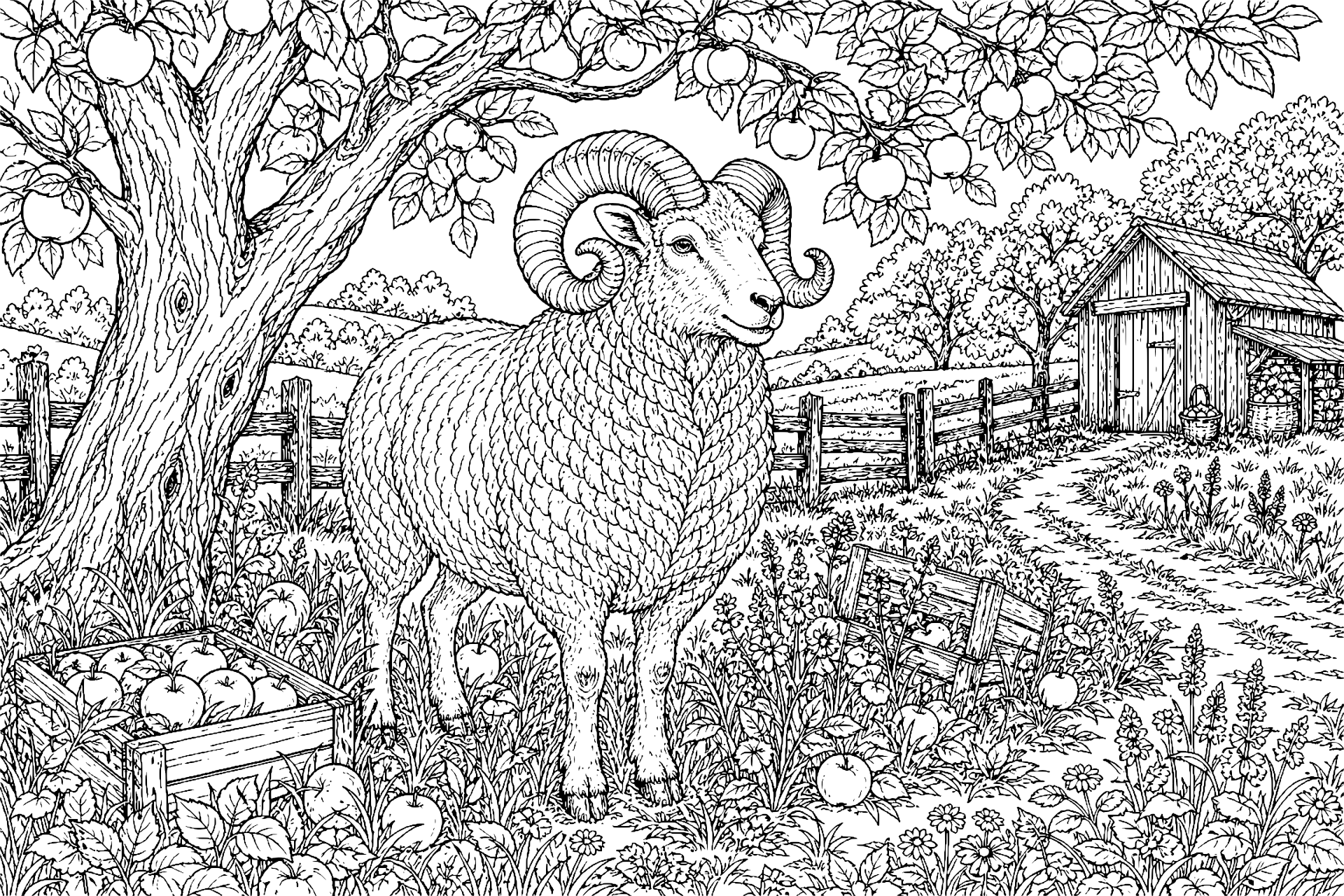 Widder im Apfelgarten – Ausmalbild
