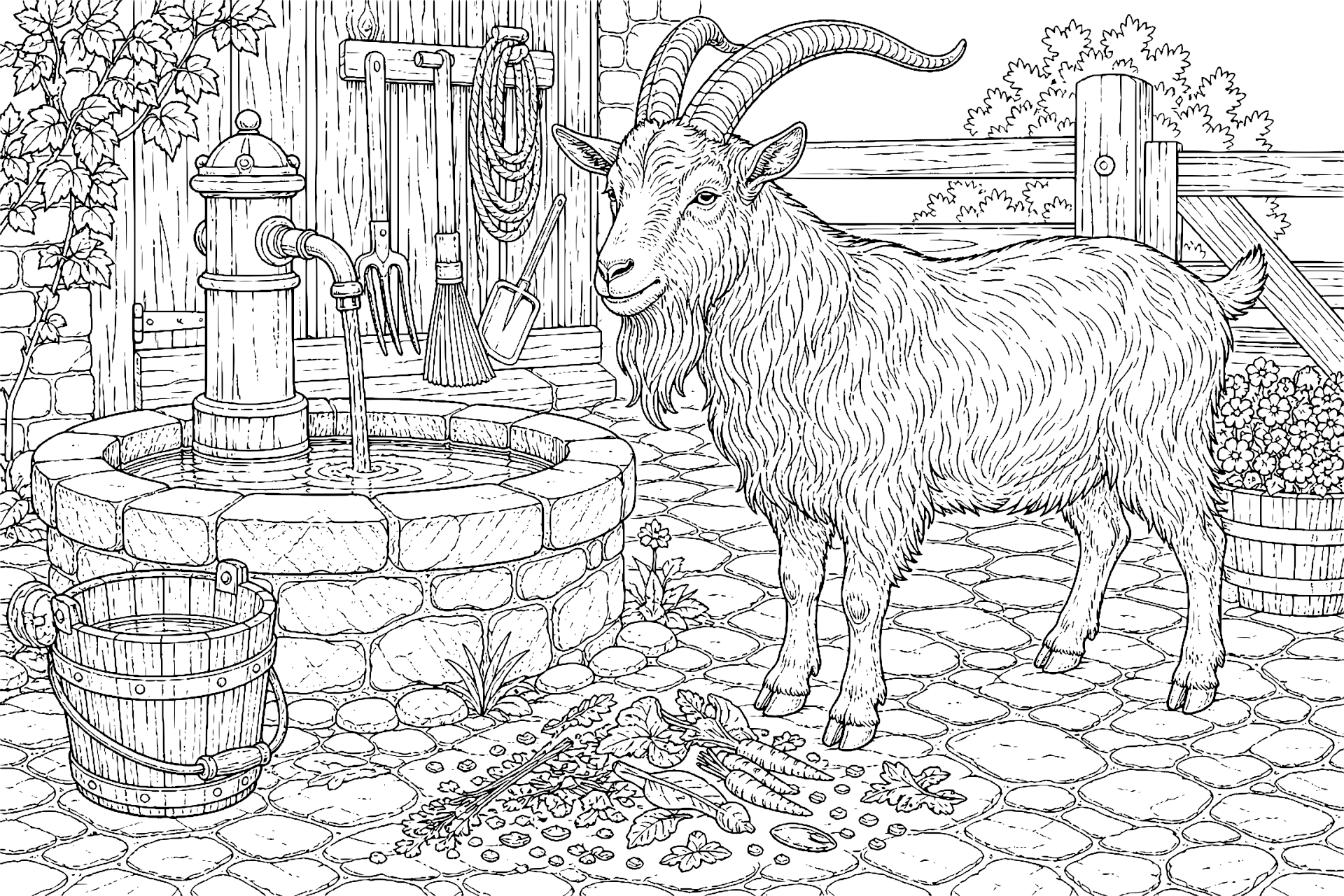 Ziegenbock auf dem Hofbrunnen – Ausmalbild