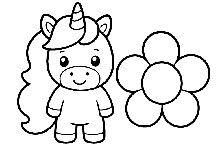 Einhorn Ausmalbild ab 2 Jahre – Einhorn mit Blume - Ausmalbild ab 2 Jahren