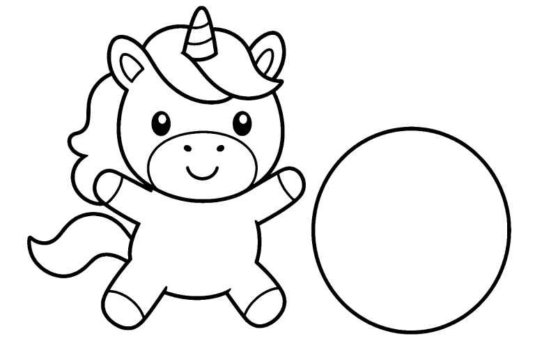 Einhorn Ausmalbild ab 2 Jahre – Hüpfendes Einhorn mit Ball - Ausmalbild ab 2 Jahren