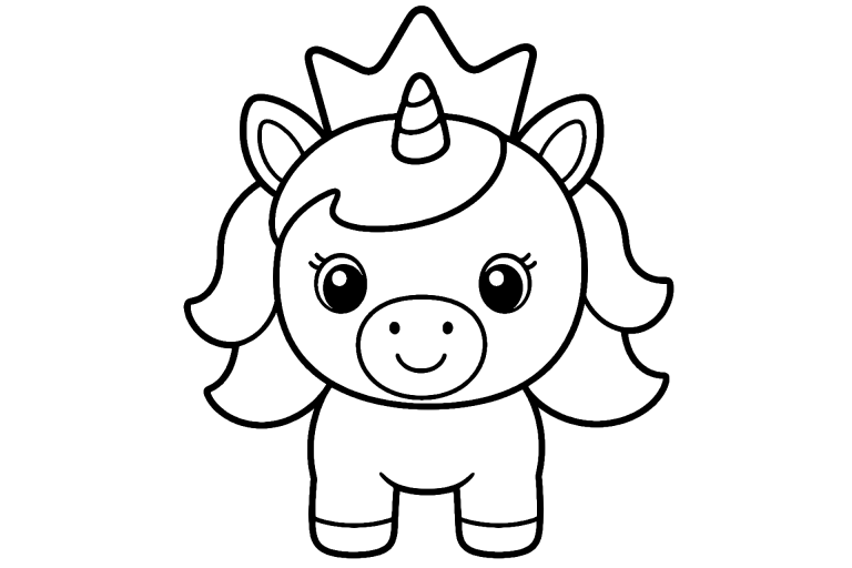 Einhorn Ausmalbild ab 2 Jahre – Kleines Einhorn mit großer Krone - Ausmalbild ab 2 Jahren