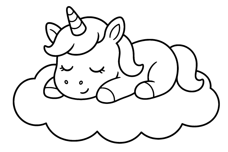 Einhorn Ausmalbild ab 2 Jahre – Schlafendes Einhorn auf Wolke - Ausmalbild ab 2 Jahren