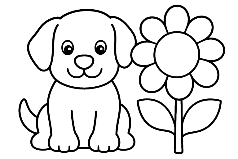 Hund mit großer Sonnenblume – Ausmalbild ab 2 Jahre - Ausmalbild ab 2 Jahren